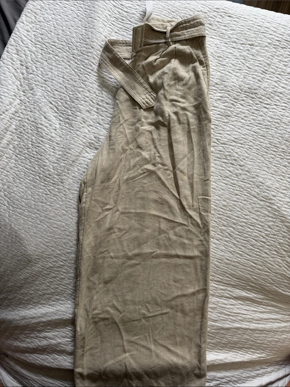 H&M Cream Paperbag Waist Wide-Leg Pants with Tie Belt